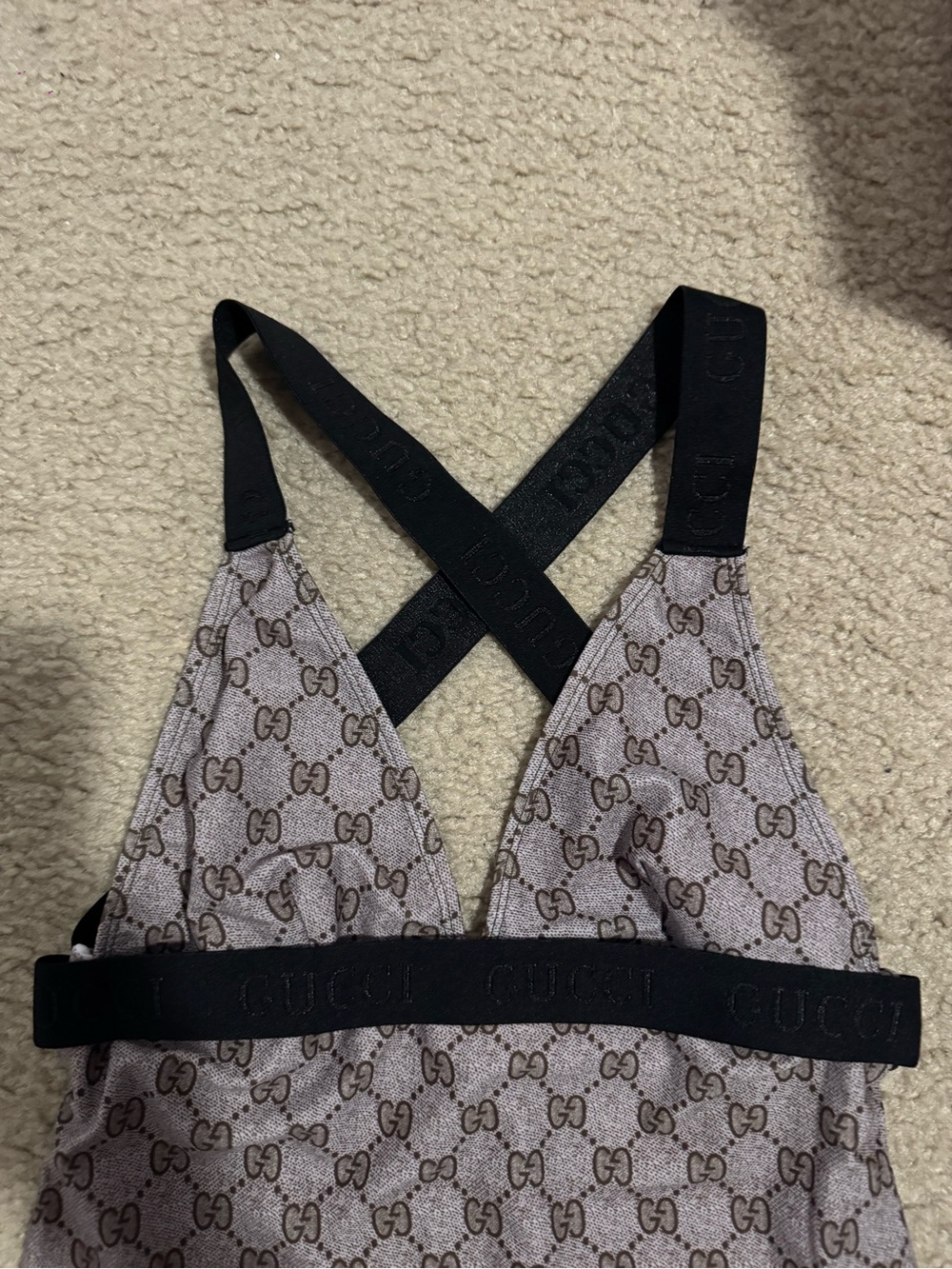 Gucci Brown Monogram One-Piece Swimsuit with Black Straps - Picture 4 of 4
